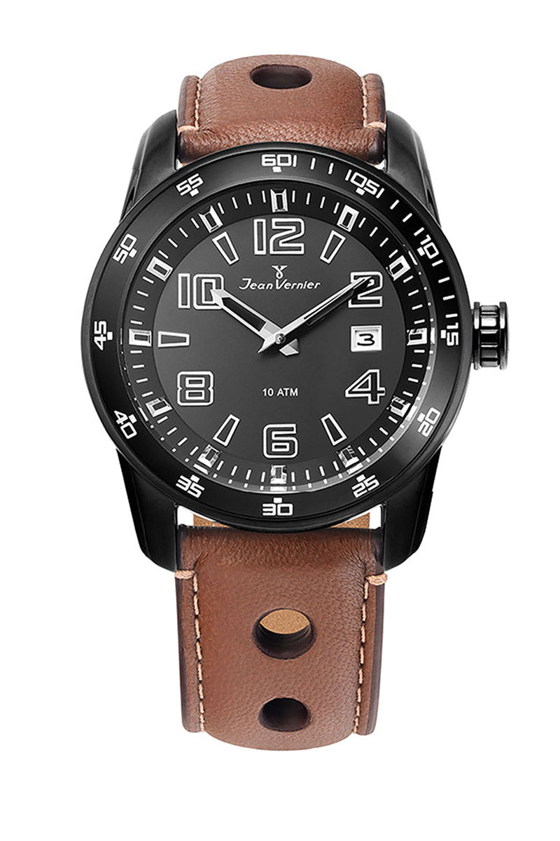 Relógio Jean Vernier Caixa Aço IP Black Pulseira Couro Marrom 10ATM - JV005216