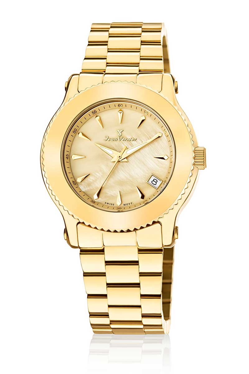 Relógio Jean Vernier Dourado Feminino Calendário Movimento Suíço JV01023