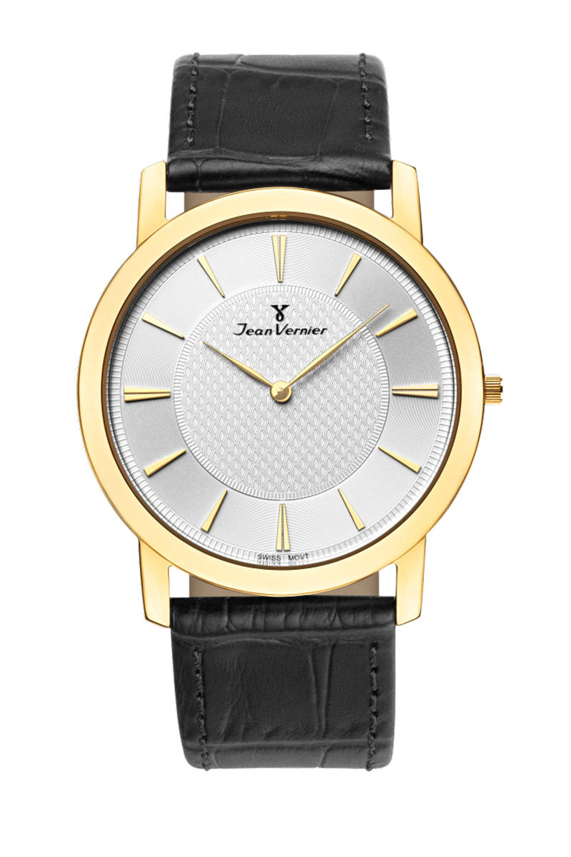 Relógio Jean Vernier Caixa Aço Dourado Pulseira Couro Preto Social  JV00335P