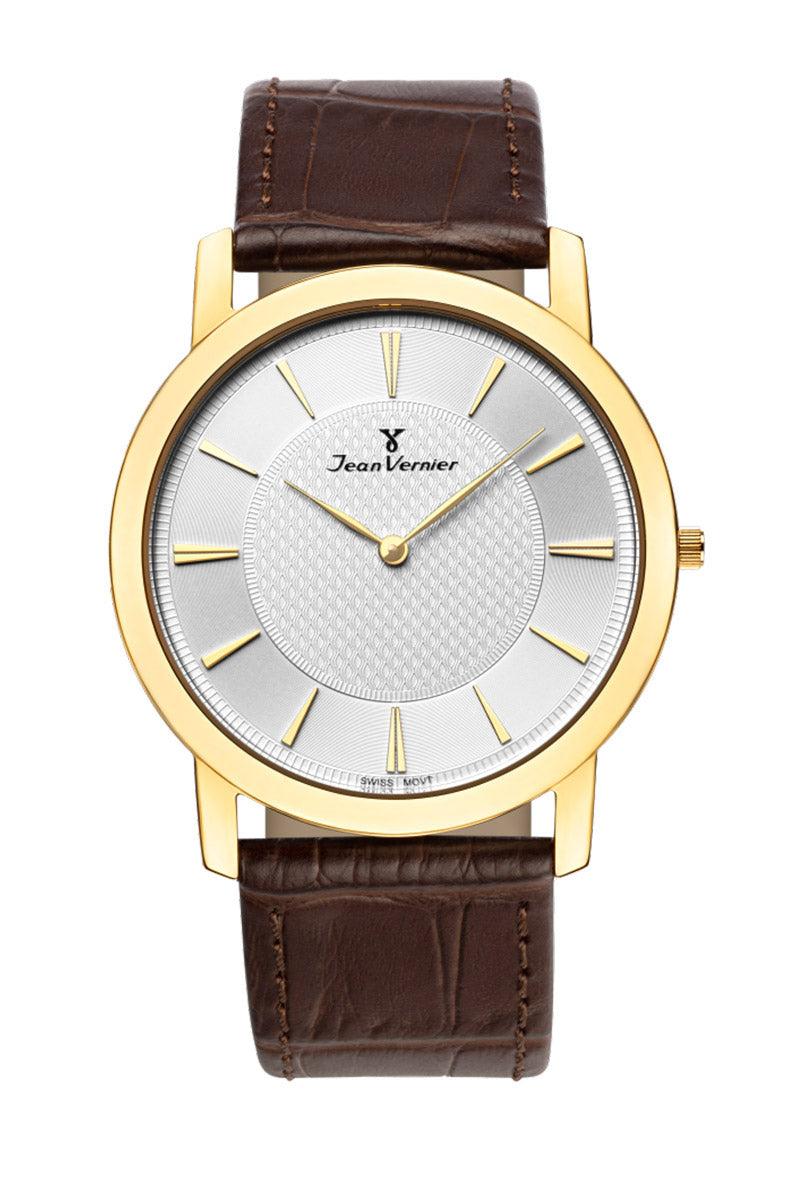 Relógio Jean Vernier Caixa Aço Dourado Pulseira Couro Social  JV00335M