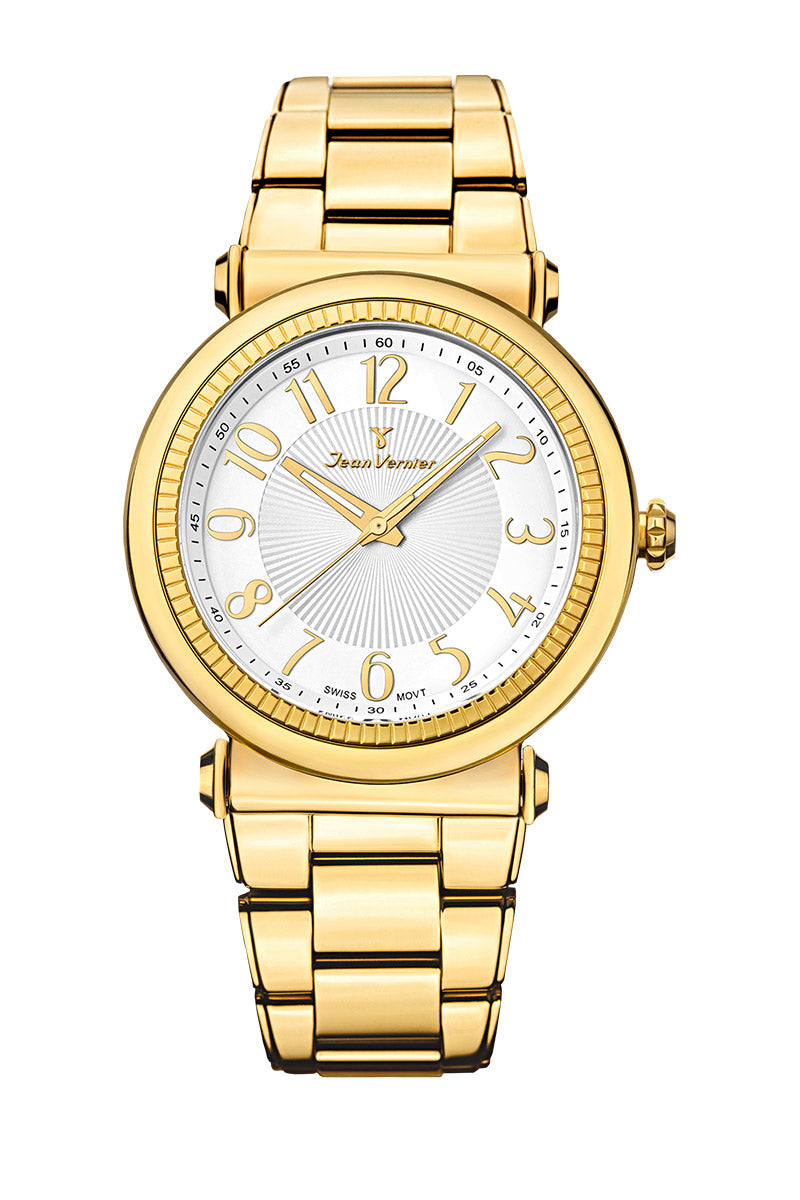 Relógio Jean Vernier Dourado Vidro Cristal Mineral Movimento Suíço JV01146