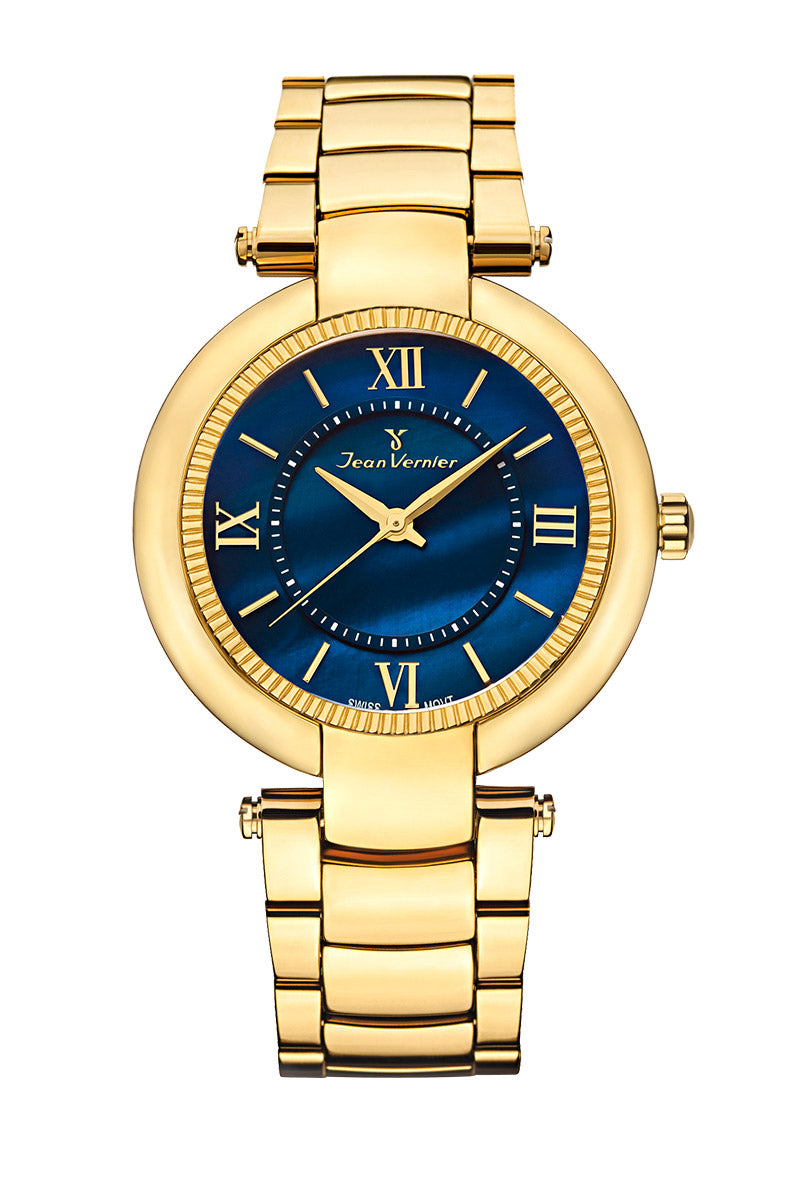 Relógio Jean Vernier Dourado e Azul Feminino Movimento Suíço JV01142