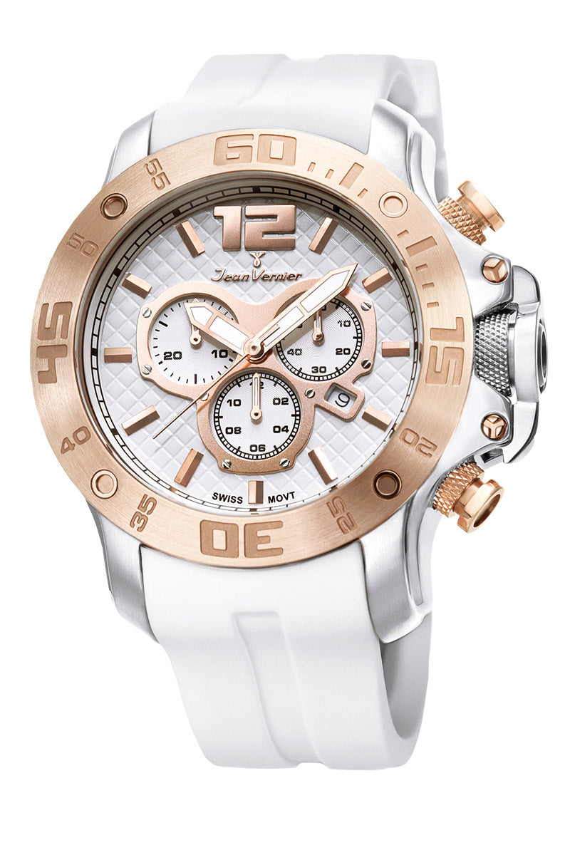 Relógio Jean Vernier Silicone Branco Cronógrafo Movimento Suíço JV02111