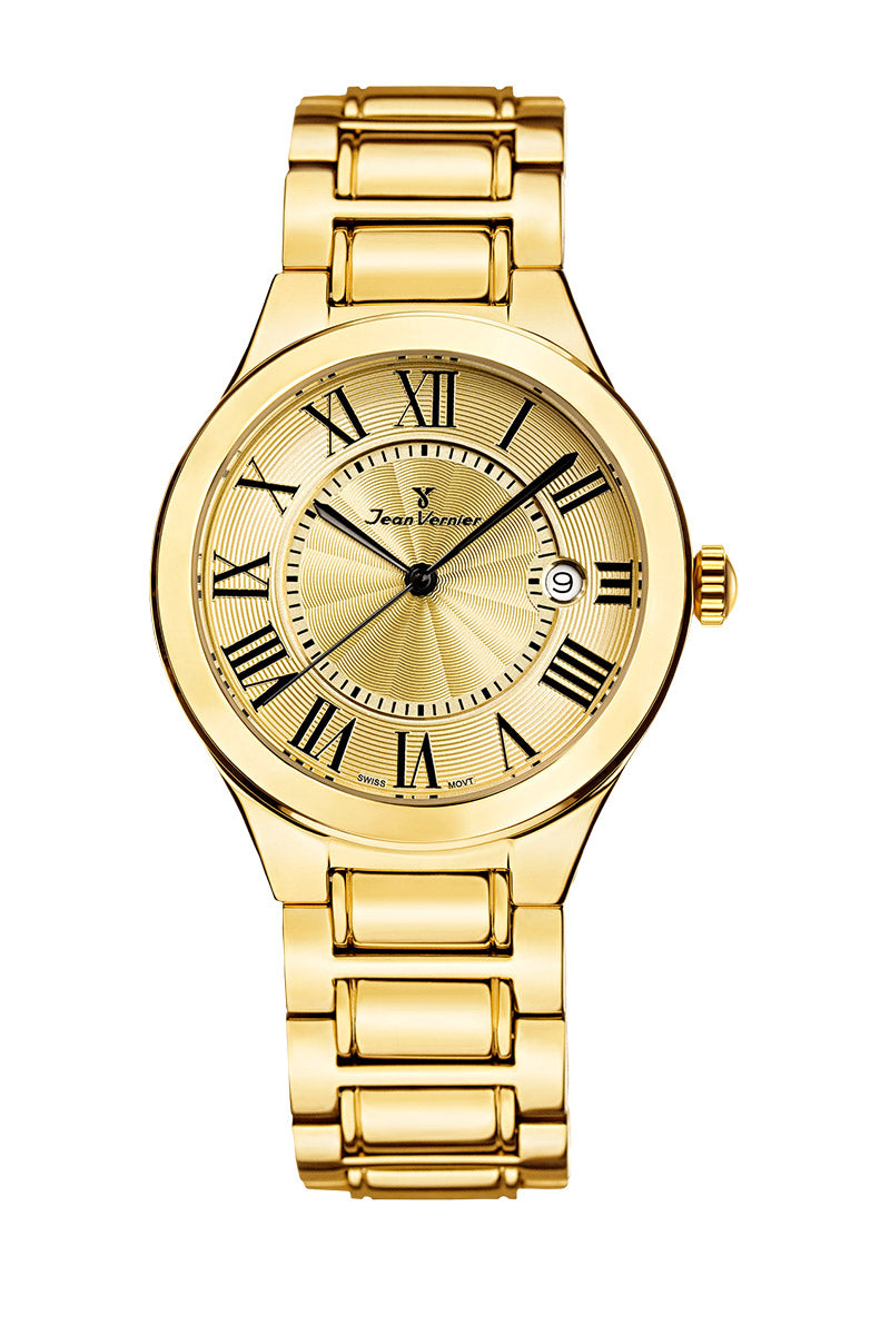 Relógio Jean Vernier Aço Dourado Feminino Calendário 10ATM -  JV01161