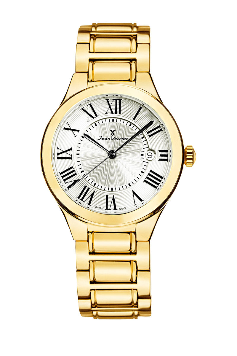 Relógio Jean Vernier Aço Dourado Feminino Calendário Movimento Suíço JV01160