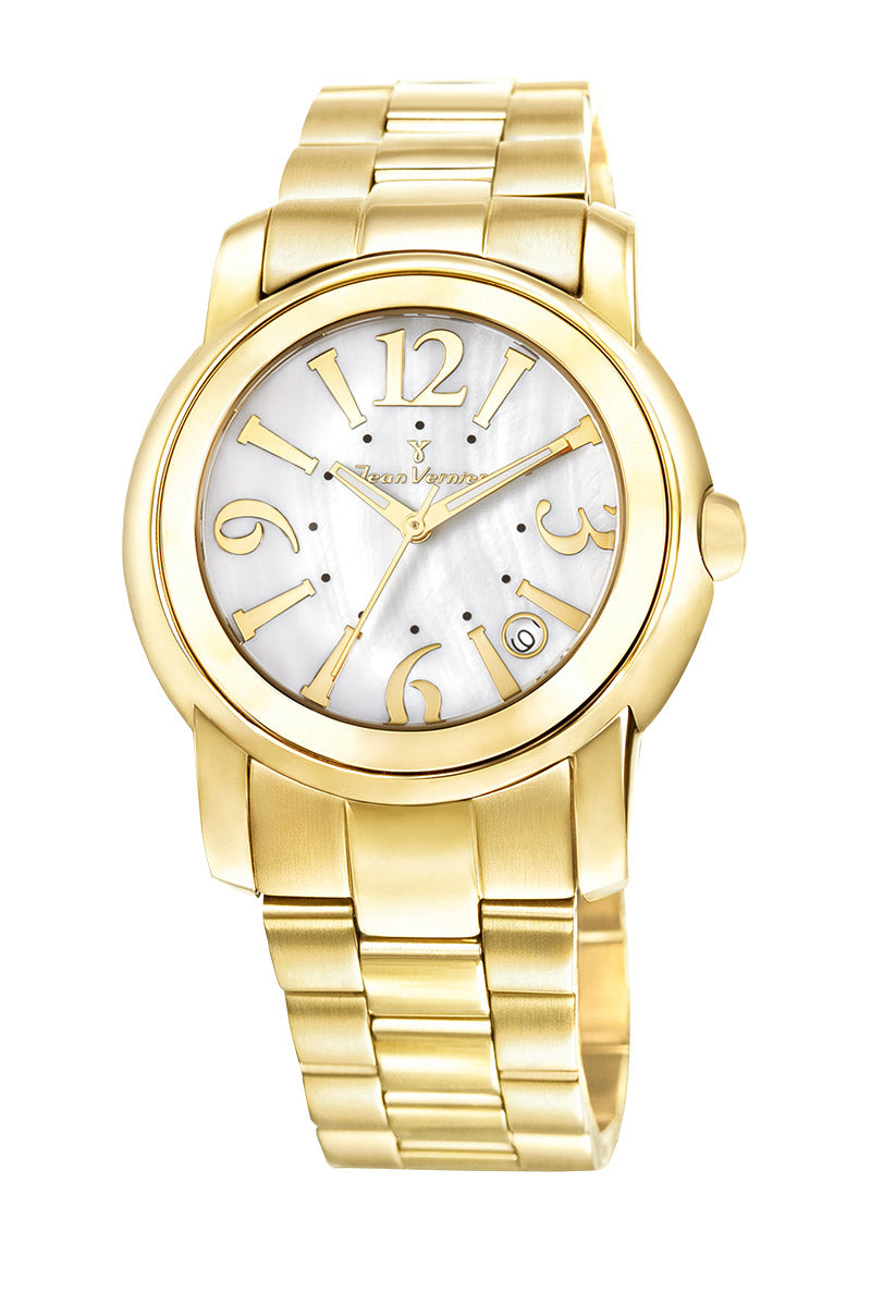 Relógio Jean Vernier Aço Inoxidável Dourado Calendário Feminino JV01006