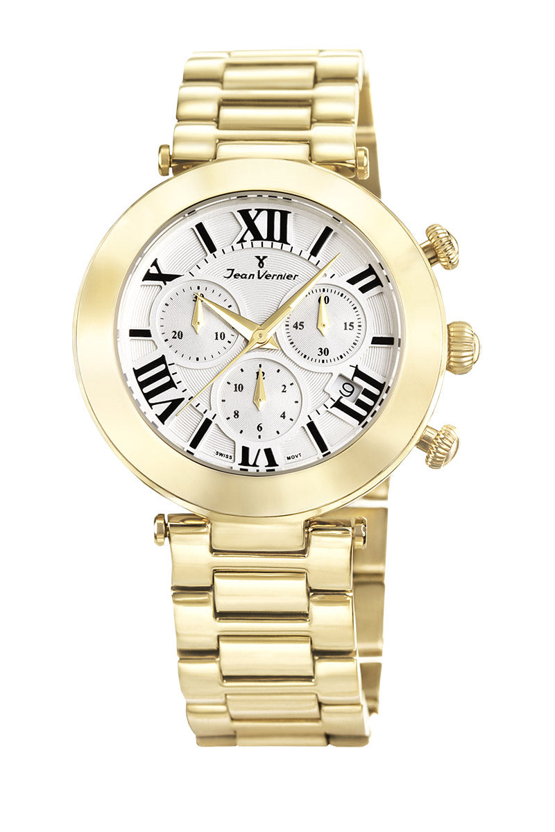Relógio Jean Vernier Aço Inoxidável Dourado Cronógrafo Movimento Suíço JV06852