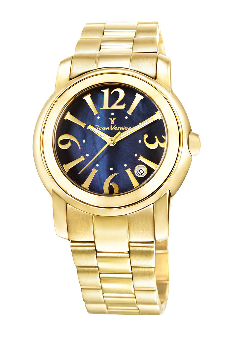 Relógio Jean Vernier Aço Inoxidável Dourado Feminino Calendário JV01007