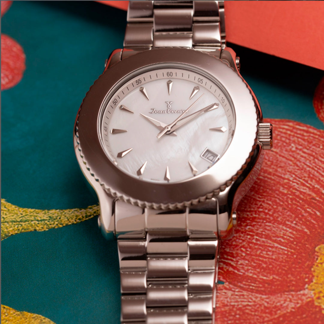 Relógio Jean Vernier Aço Prateado Fecho Duplo Calendário Movimento Suíço JV01022 - Imagem 4