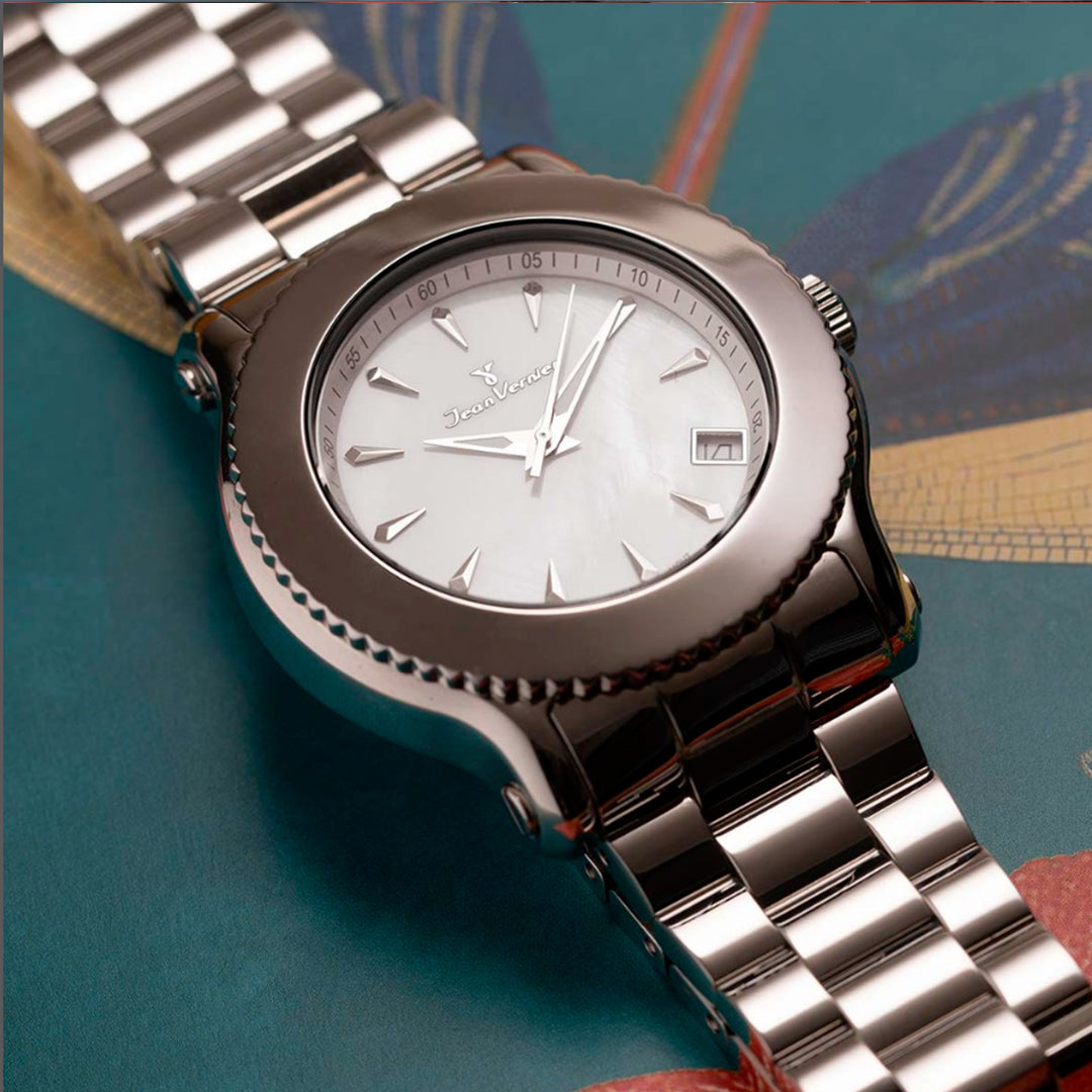 Relógio Jean Vernier Aço Prateado Fecho Duplo Calendário Movimento Suíço JV01022 - Imagem 5