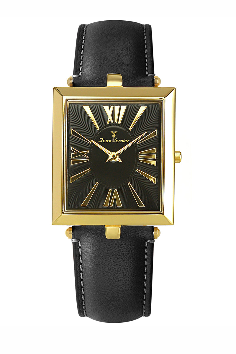 Relógio Jean Vernier Caixa Aço 316L Dourado Pulseira Couro Preto JV00712