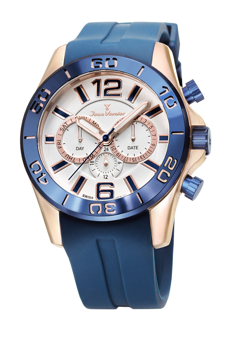 Relógio Jean Vernier Caixa Aço Azul Pulseira Silicone Movimento Suíço JV06338