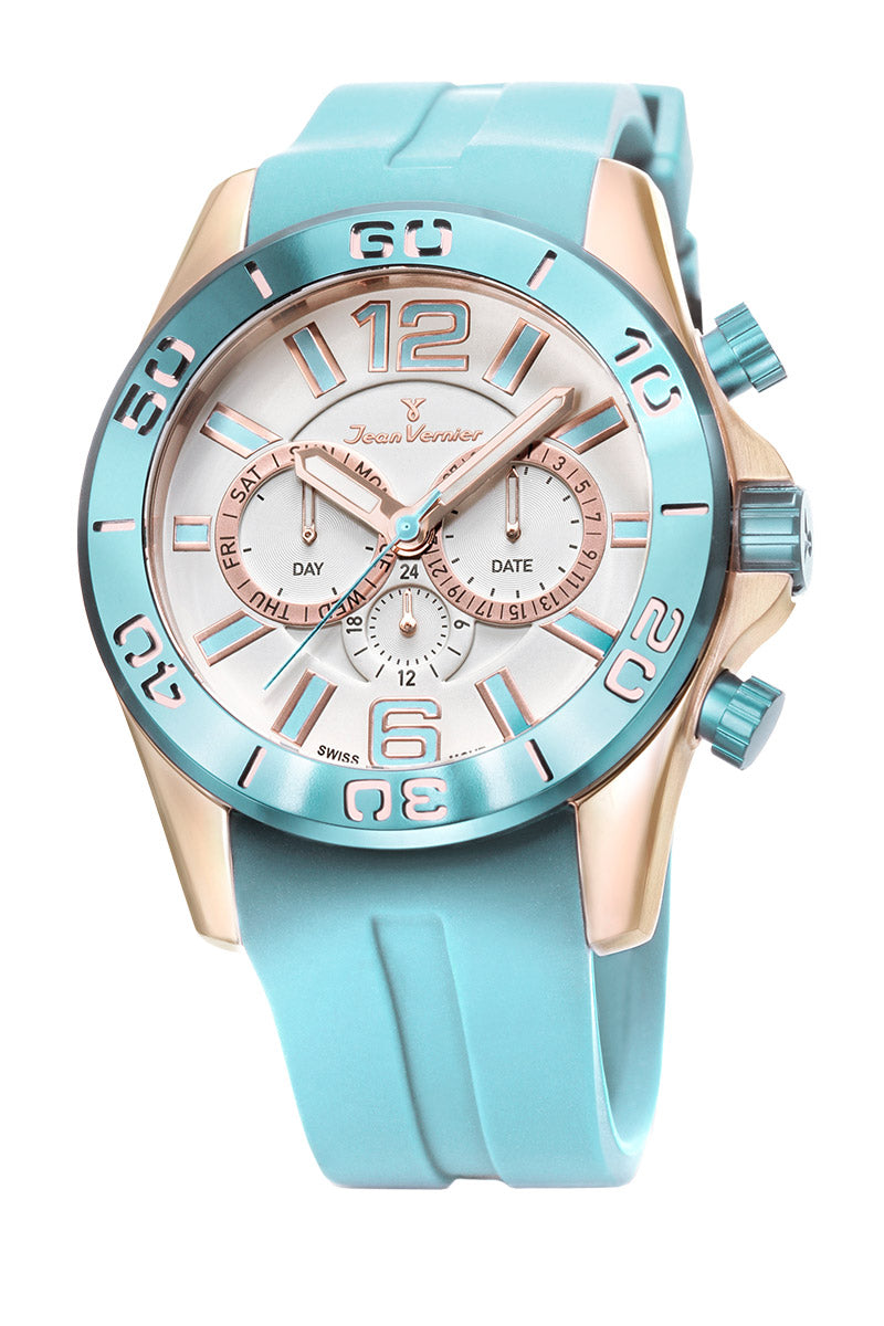 Relógio Jean Vernier Caixa Aço Azul Pulseira Silicone Movimento Suíço JV06340