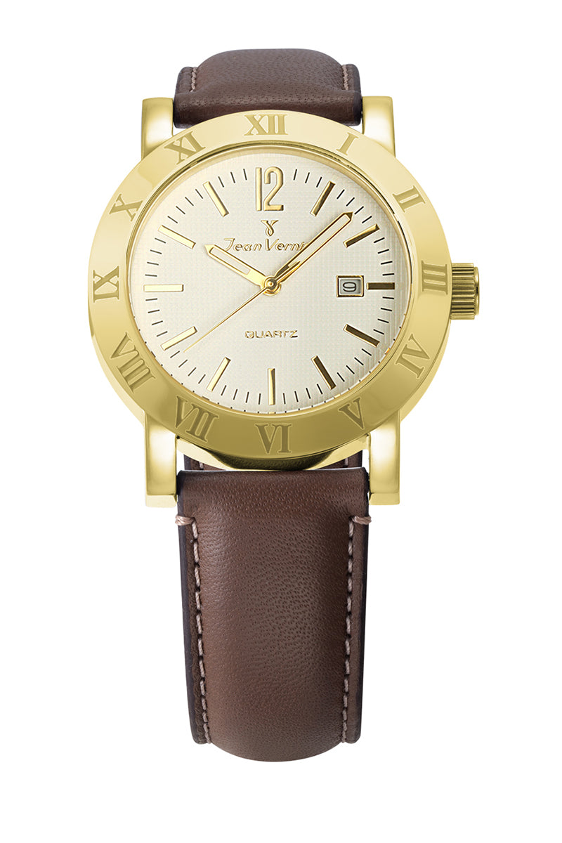 Relógio Jean Vernier Caixa Aço Dourado Pulseira Couro Marrom 10ATM - JV00231