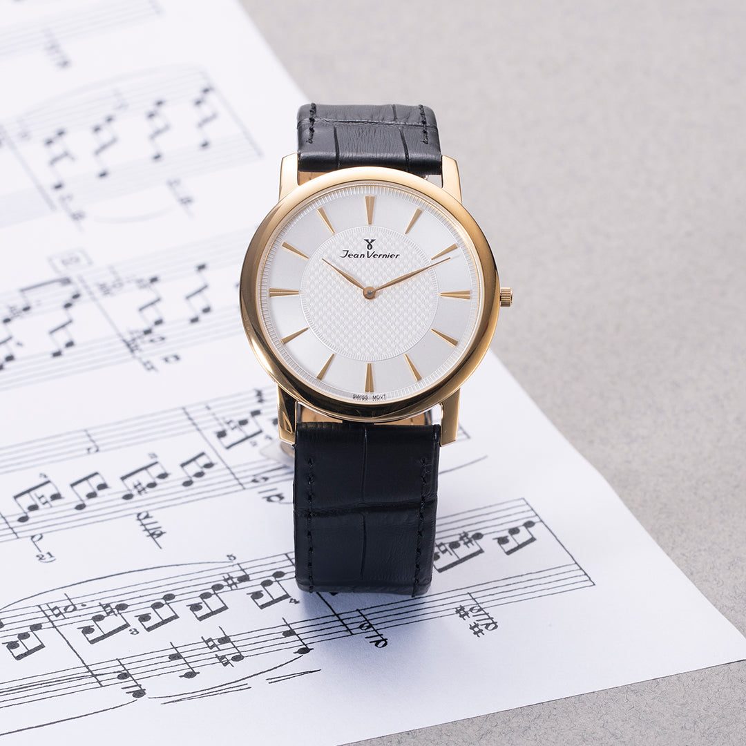 Relógio Jean Vernier Caixa Aço Dourado Pulseira Couro Preto Social  JV00335P - Imagem 2