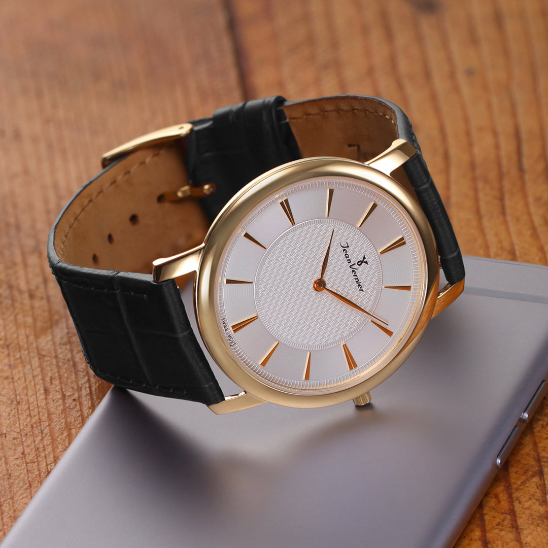 Relógio Jean Vernier Caixa Aço Dourado Pulseira Couro Preto Social  JV00335P - Imagem 3