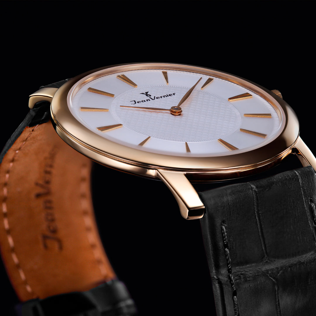 Relógio Jean Vernier Caixa Aço Dourado Pulseira Couro Preto Social  JV00335P - Imagem 4