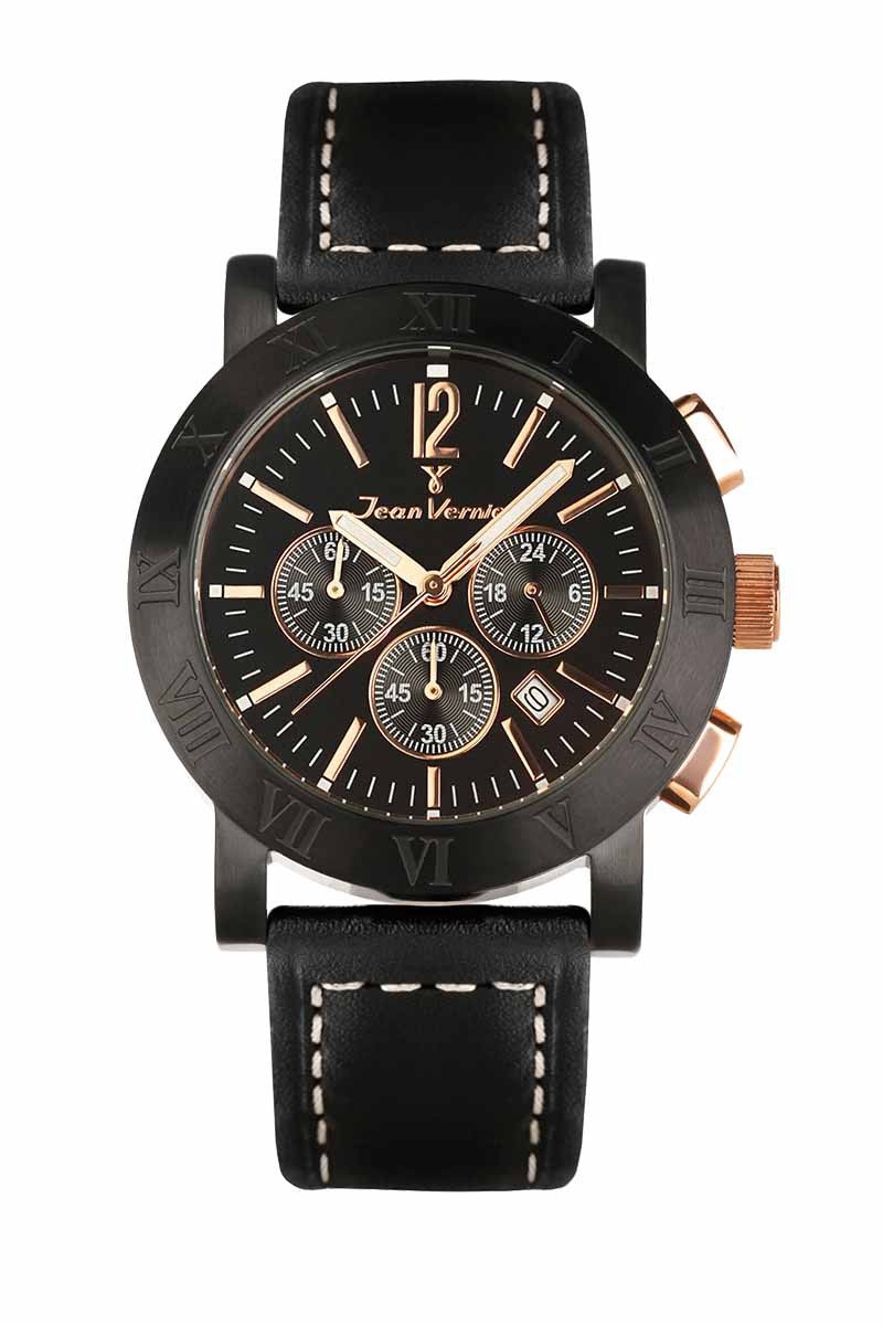 Relógio Jean Vernier Caixa AÇO IP Black Couro  Cronógrafo 10ATM - JV00248