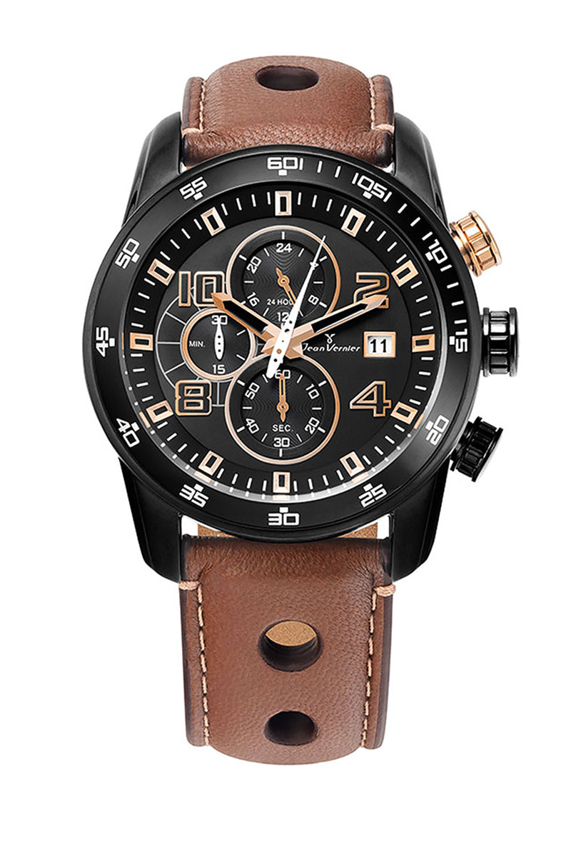 Relógio Jean Vernier Caixa Aço IP Black Couro Marrom Cronógrafo Masculino JV005246