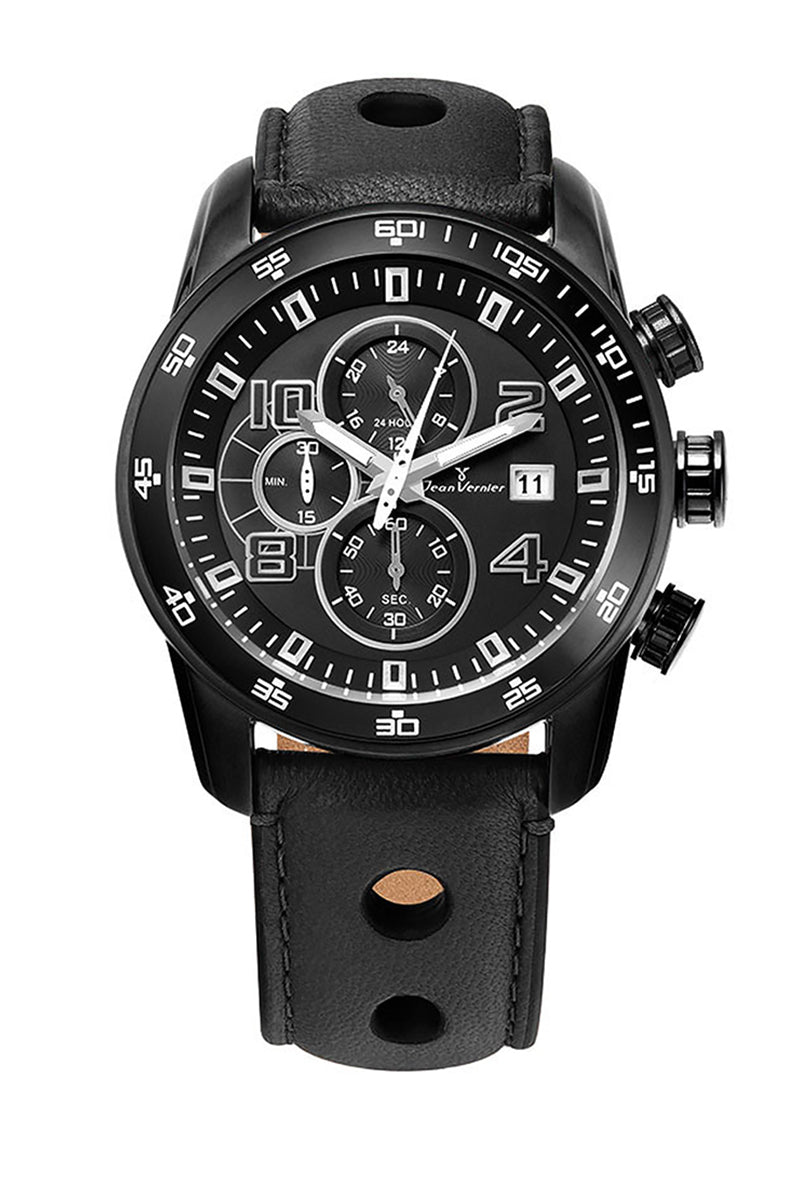 Relógio Jean Vernier Caixa Aço IP Black Pulseira Couro Cronógrafo 10ATM - JV005227