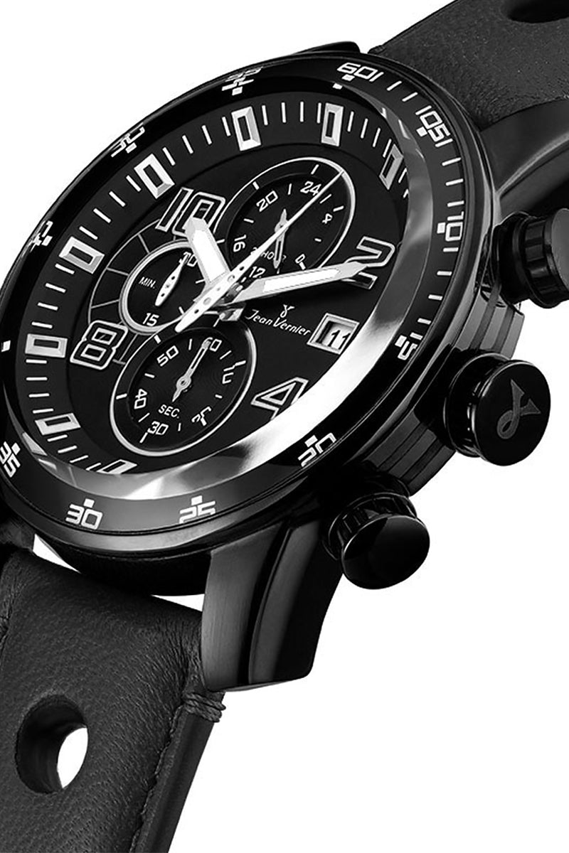 Relógio Jean Vernier Caixa Aço IP Black Pulseira Couro Cronógrafo 10ATM - JV005227 - Imagem 2