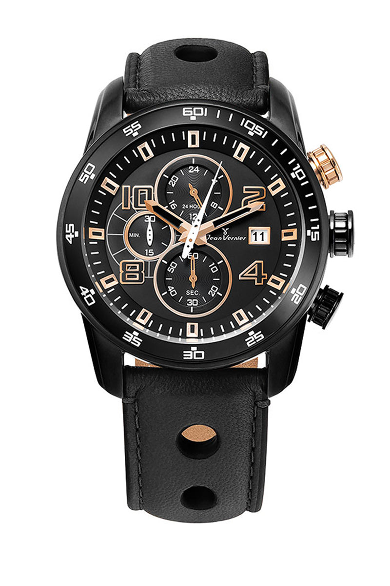 Relógio Jean Vernier Caixa Aço IP Black Pulseira Couro Cronógrafo 10ATM - JV005247
