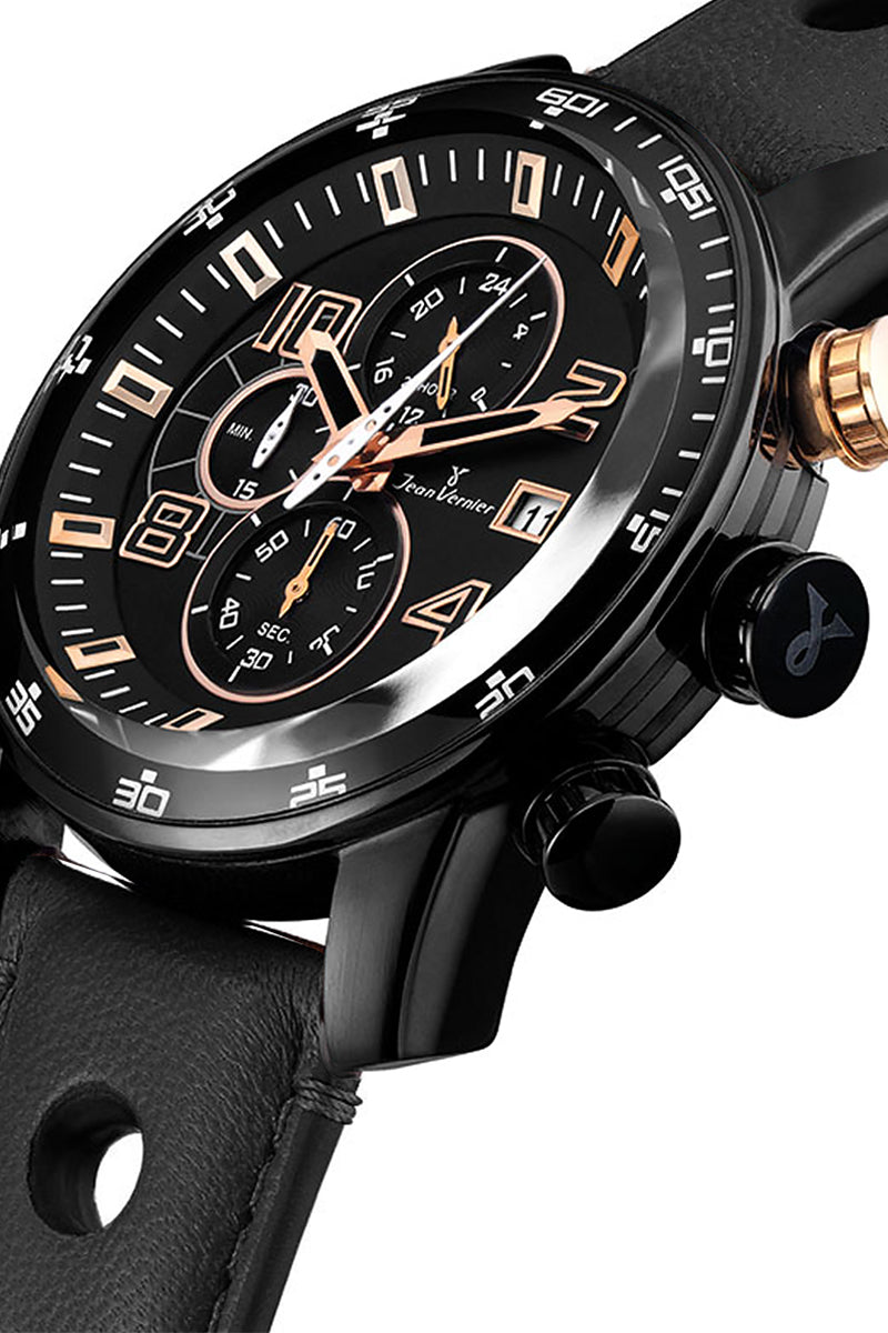 Relógio Jean Vernier Caixa Aço IP Black Pulseira Couro Cronógrafo 10ATM - JV005247 - Imagem 2