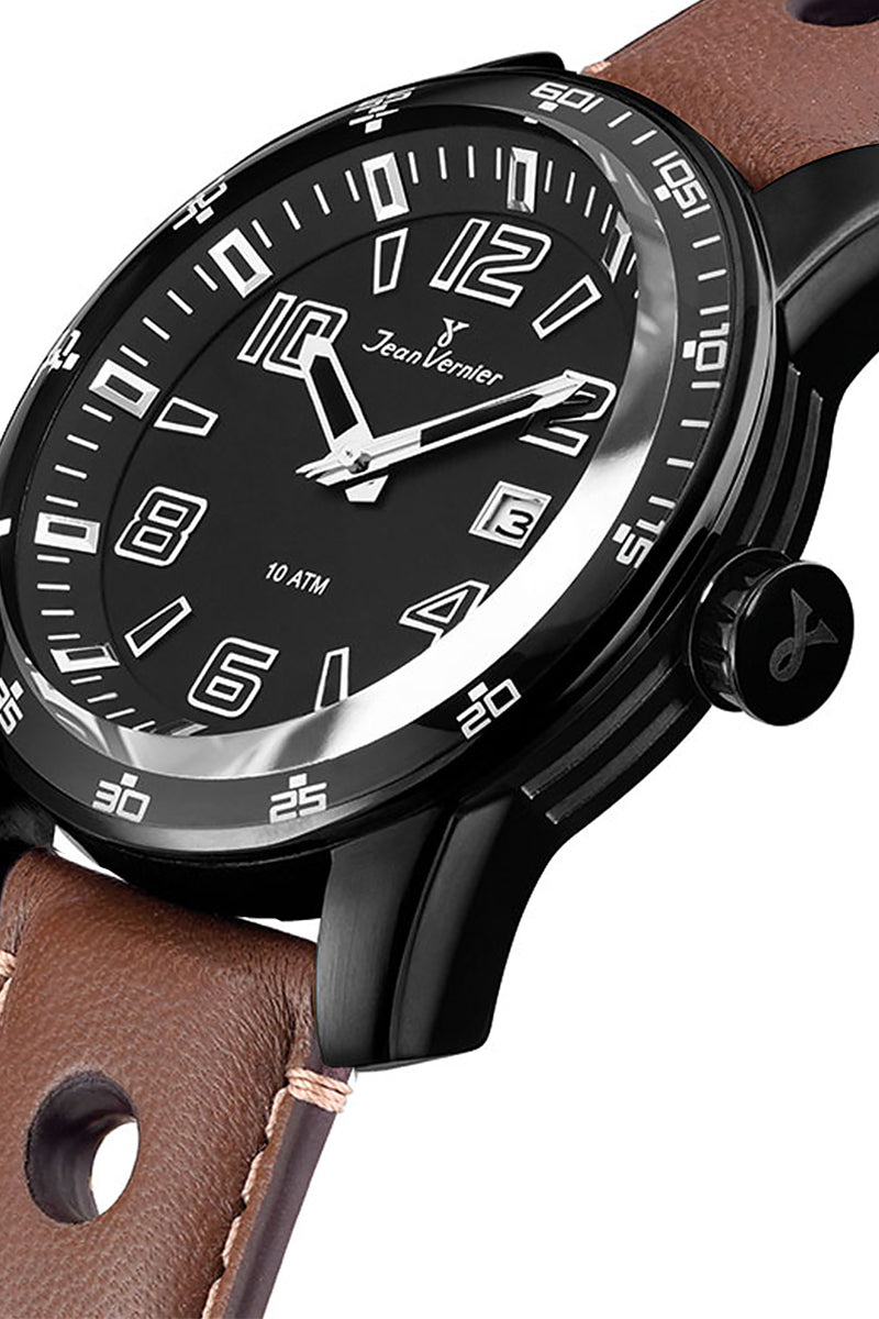 Relógio Jean Vernier Caixa Aço IP Black Pulseira Couro Marrom 10ATM - JV005216 - Imagem 2