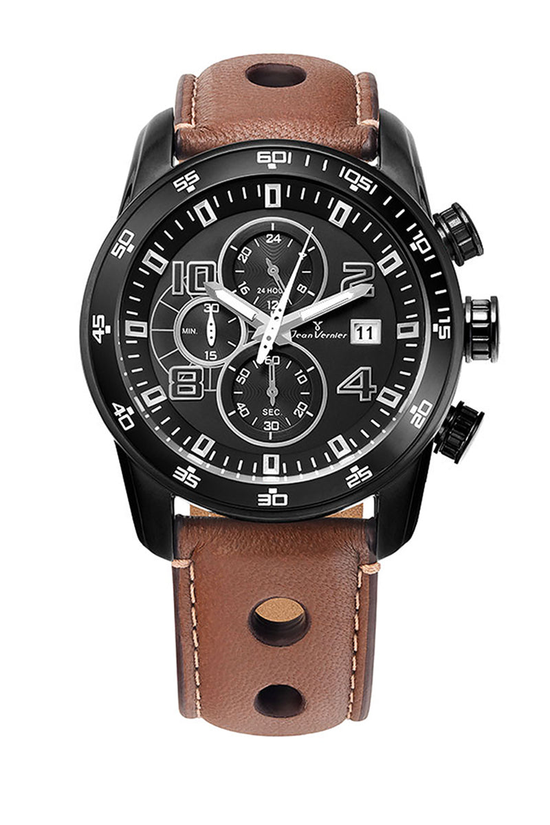 Relógio Jean Vernier Caixa Aço IP Black Pulseira Couro Marrom Cronógrafo JV005226