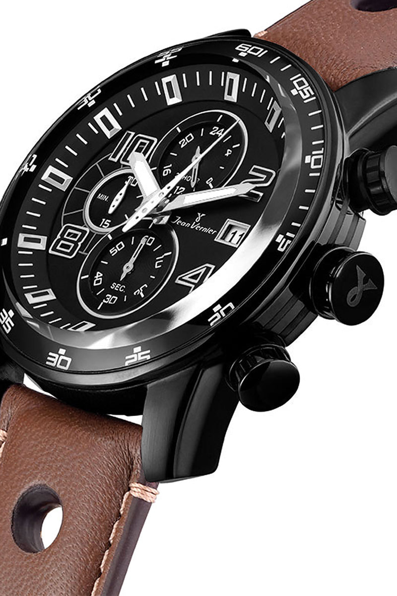 Relógio Jean Vernier Caixa Aço IP Black Pulseira Couro Marrom Cronógrafo JV005226 - Imagem 2