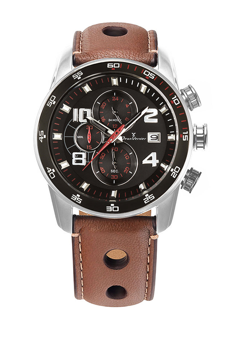 Relógio Jean Vernier Caixa Aço Pulseira Couro Marrom Cronógrafo Masculino JV005236