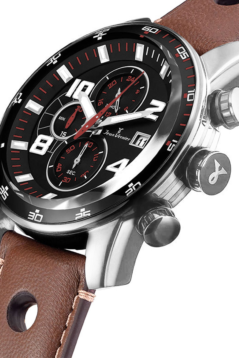 Relógio Jean Vernier Caixa Aço Pulseira Couro Marrom Cronógrafo Masculino JV005236 - Imagem 2