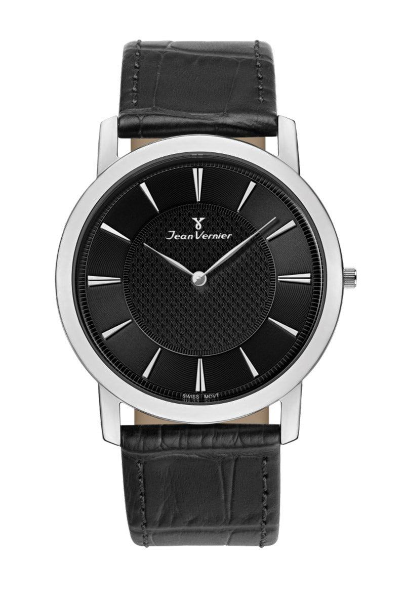 Relógio Jean Vernier Caixa Aço Pulseira Couro Preto Social JV00334P