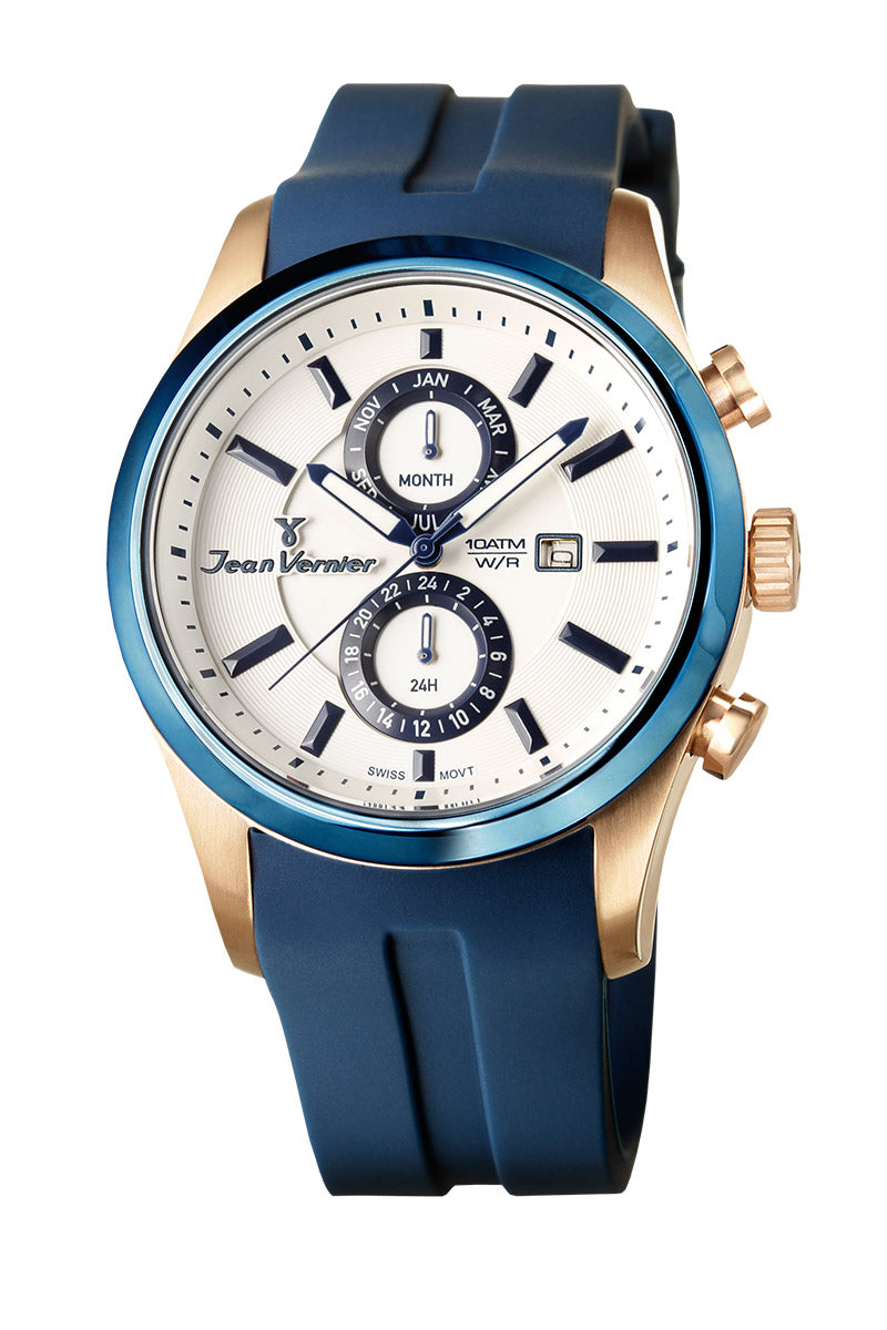 Relógio Jean Vernier Caixa Aço Rosé Cronógrafo Movimento Suíço Azul JV06356