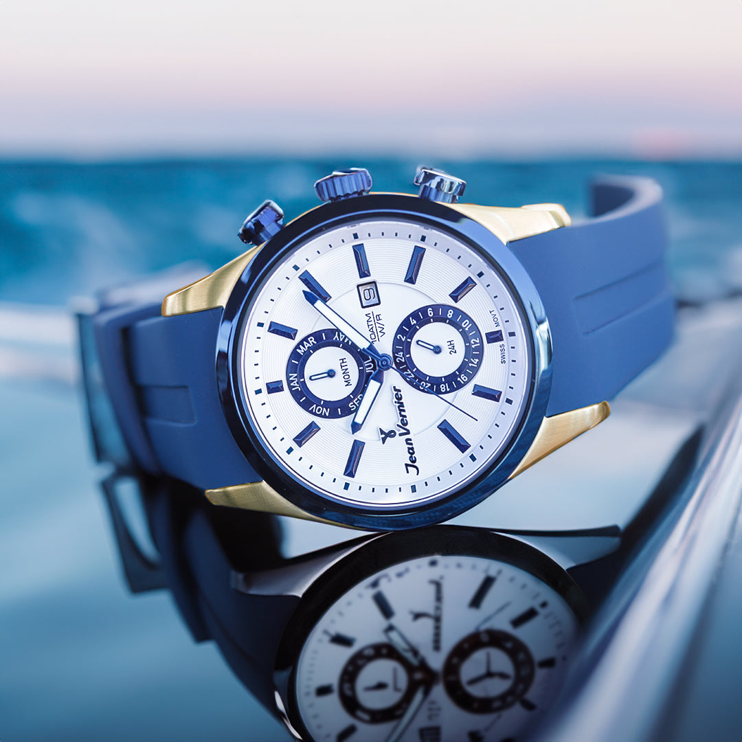 Relógio Jean Vernier Caixa Aço Rosé Cronógrafo Movimento Suíço Azul JV06356 - Imagem 2