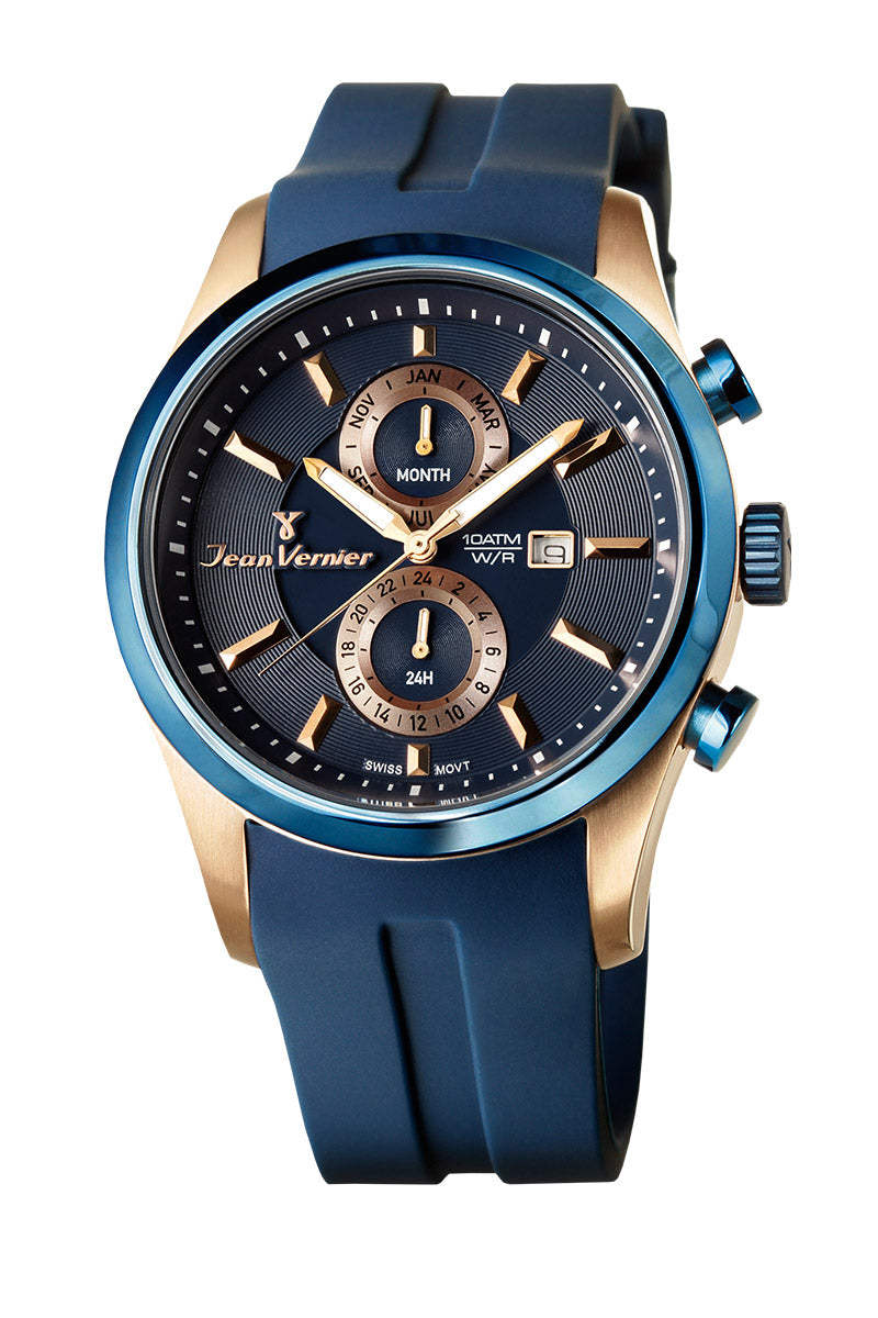 Relógio Jean Vernier Caixa Aço Rosé Pulseira Silicone Movimento Suíço Azul JV06355