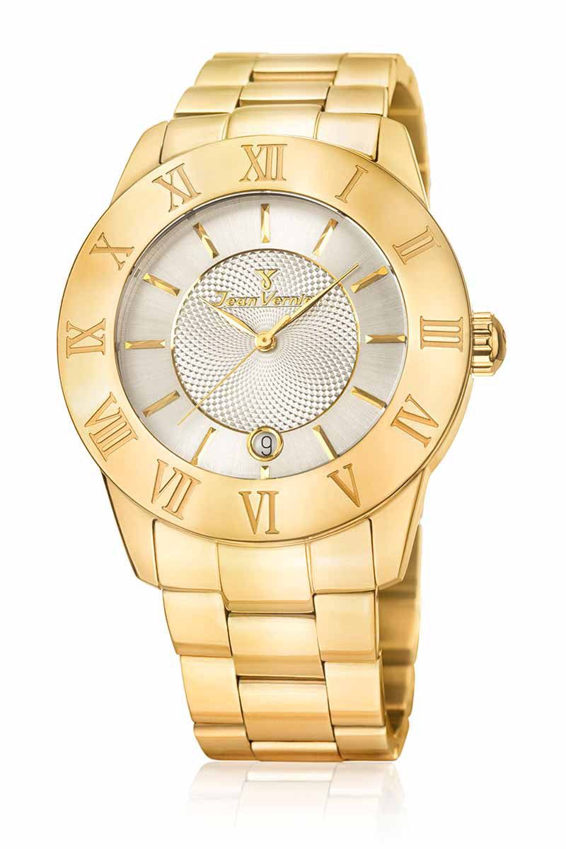Relógio Jean Vernier Caixa e Pulseira Aço Dourado Movimento Suíço 5ATM - JV01017