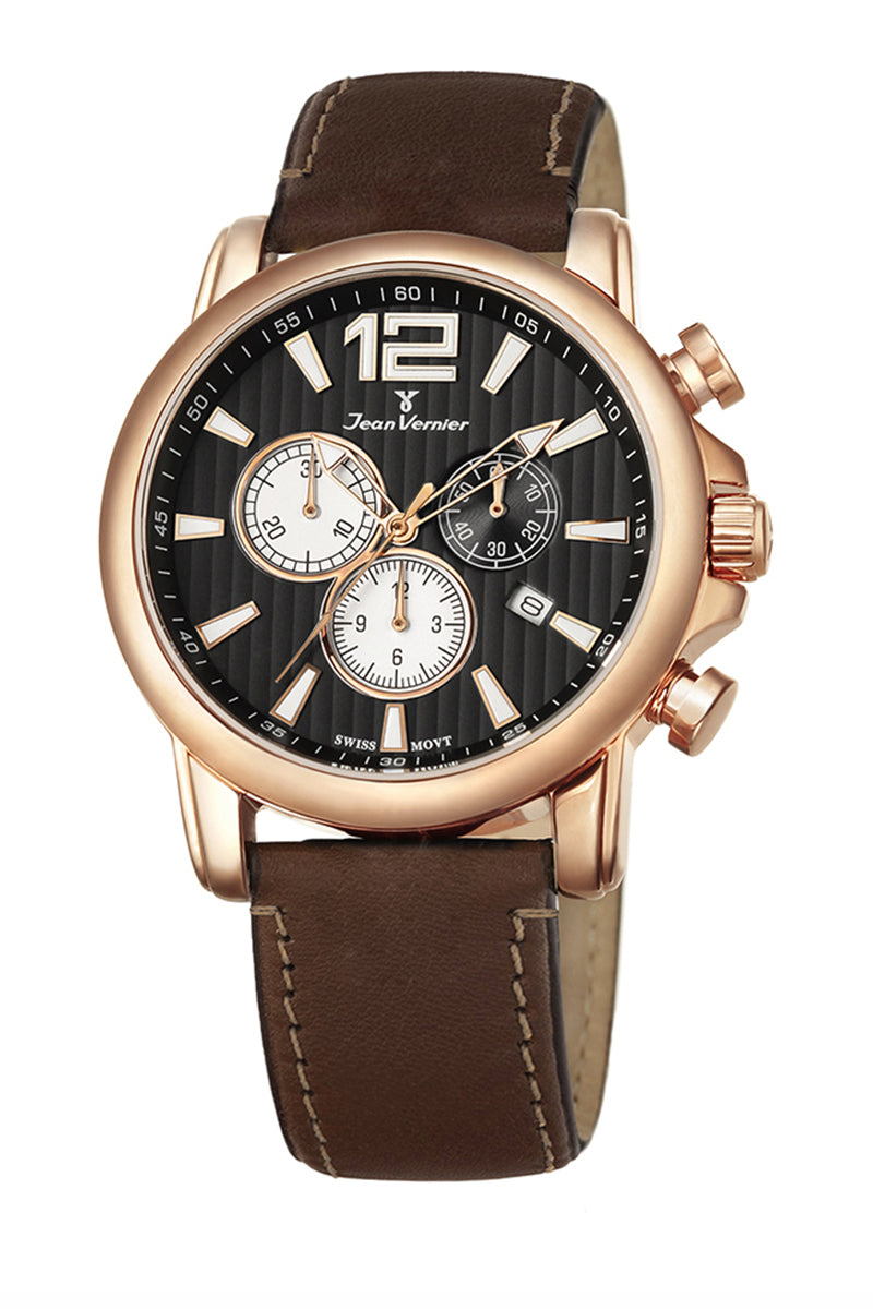 Relógio Jean Vernier Couro Marrom Cronógrafo 10ATM Movimento Suíço JV01114