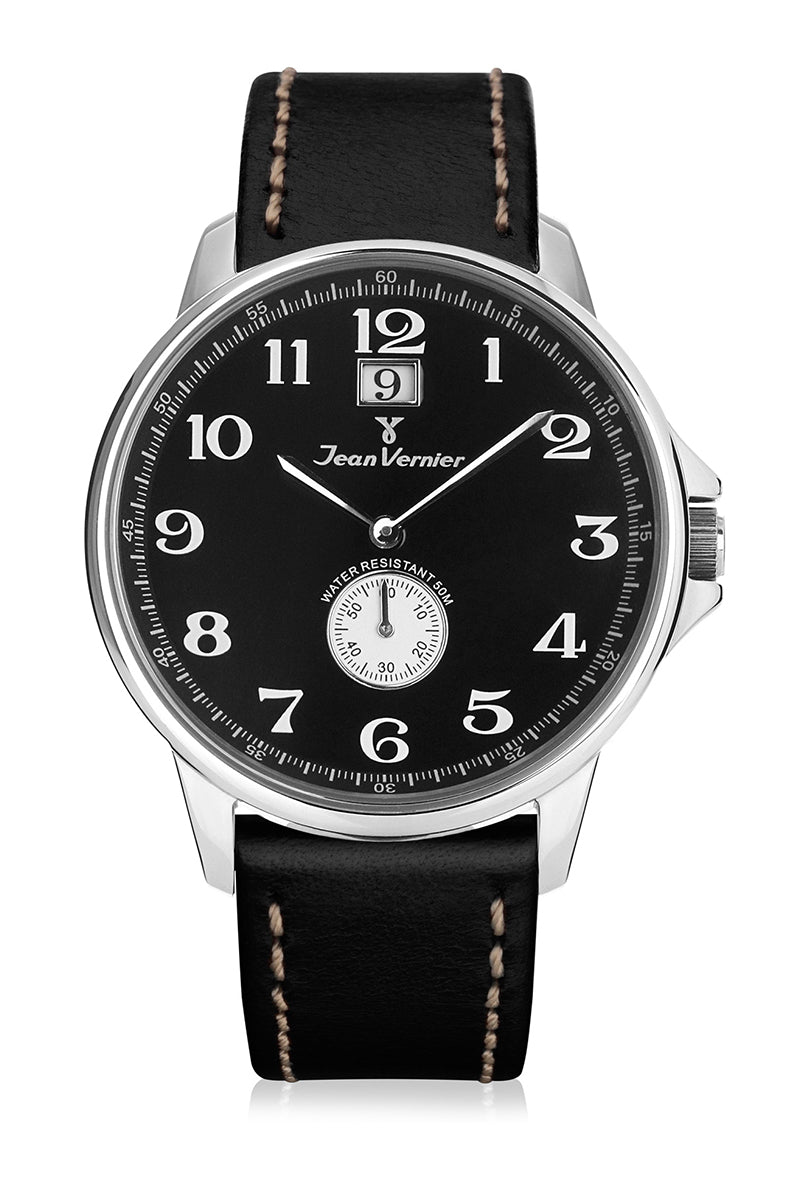 Relógio Jean Vernier Couro Preto Calendário Masculino JV00313P