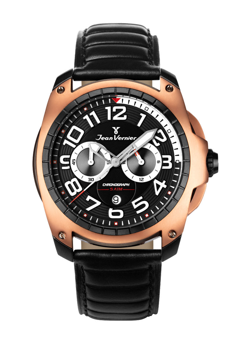 Relógio Jean Vernier Couro Preto Cronógrafo Masculino  JV00099C