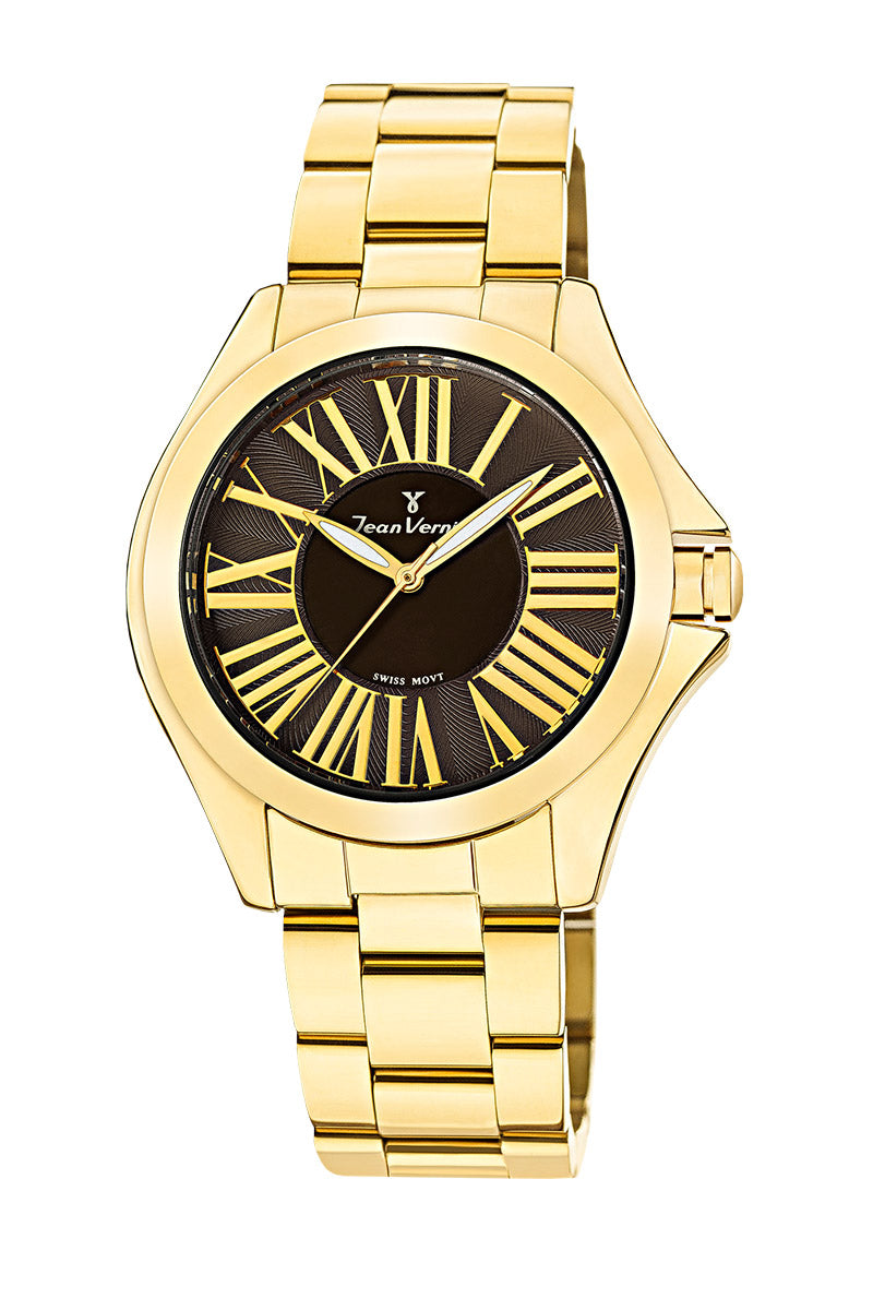 Relógio Jean Vernier Dourado e Marrom Redondo Feminino Movimento Suíço JV01125