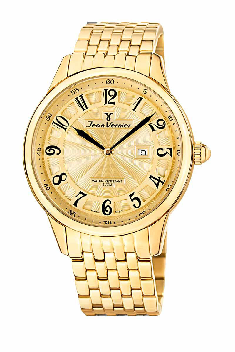 Relógio Jean Vernier Dourado Masculino Calendário Movimento Suíço JV01128