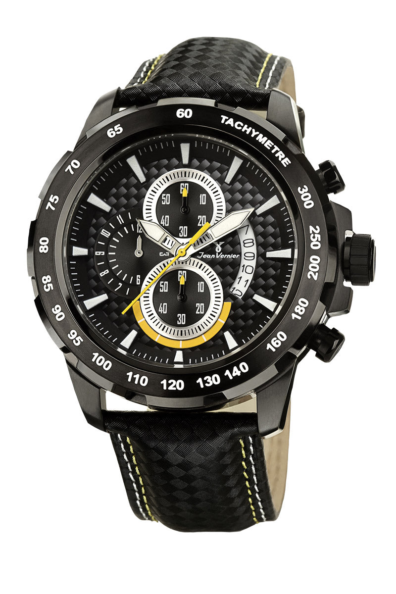 Relógio Jean Vernier Masculino Caixa Aço 316L Preto Pulseira Couro Cronógrafo JV00740