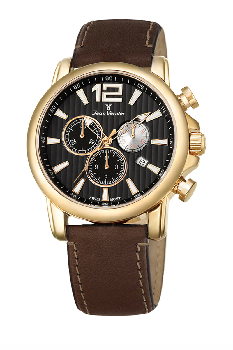 Relógio Jean Vernier Masculino Marrom Cronógrafo Movimento Suiço JV01115