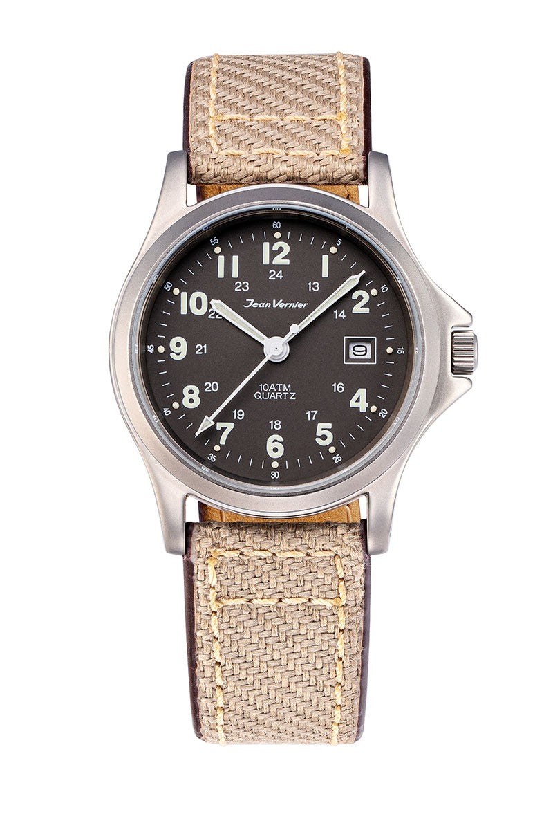 Relógio Jean Vernier Pulseira Couro / Nylon Bege Calendário JV01331-03