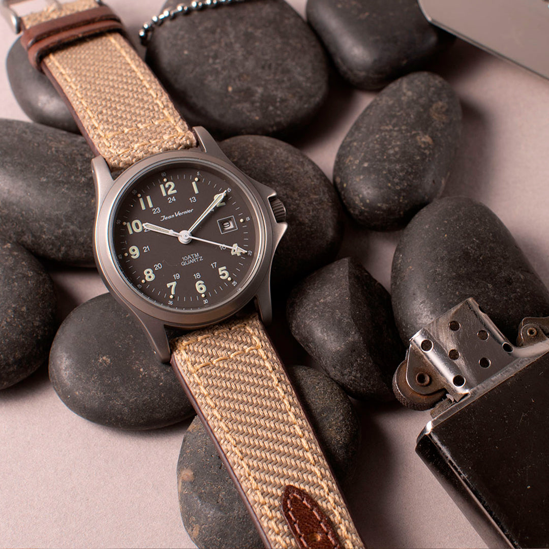 Relógio Jean Vernier Pulseira Couro / Nylon Bege Calendário JV01331-03 - Imagem 4