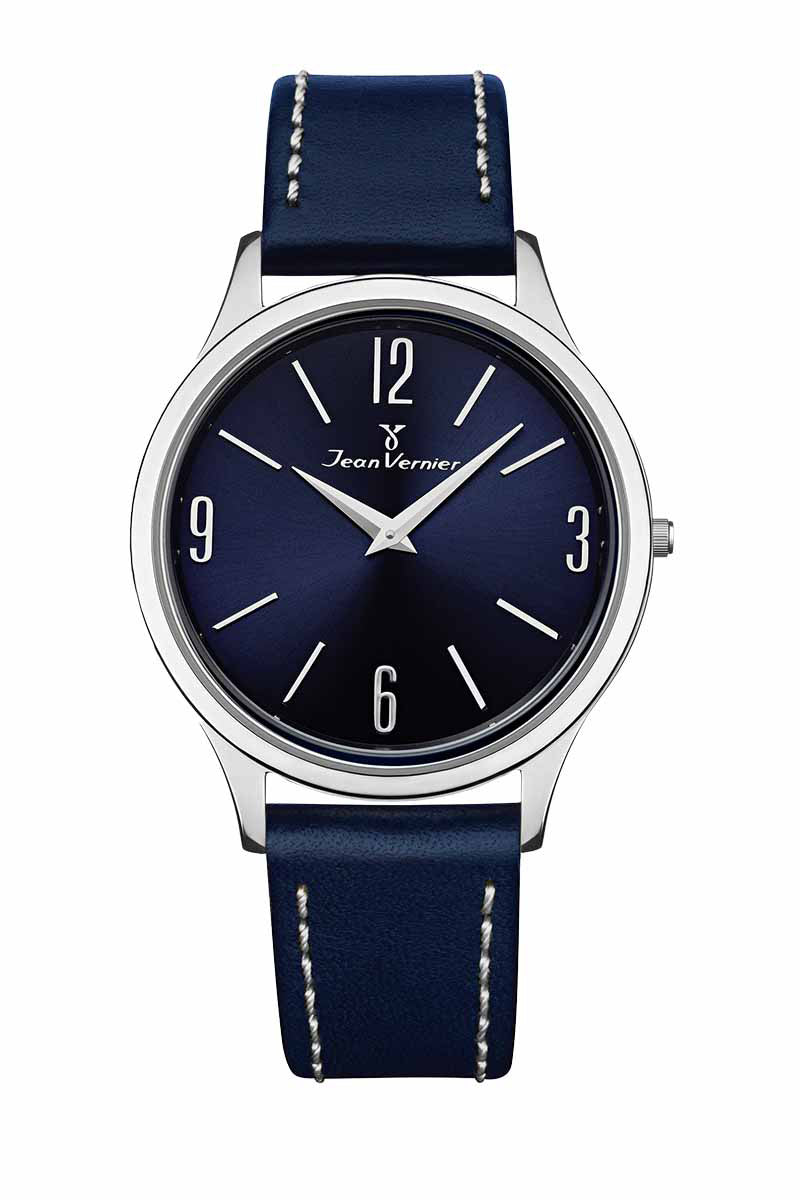 Relógio Jean Vernier Pulseira Couro Azul Social Movimento Suiço JV13057CA