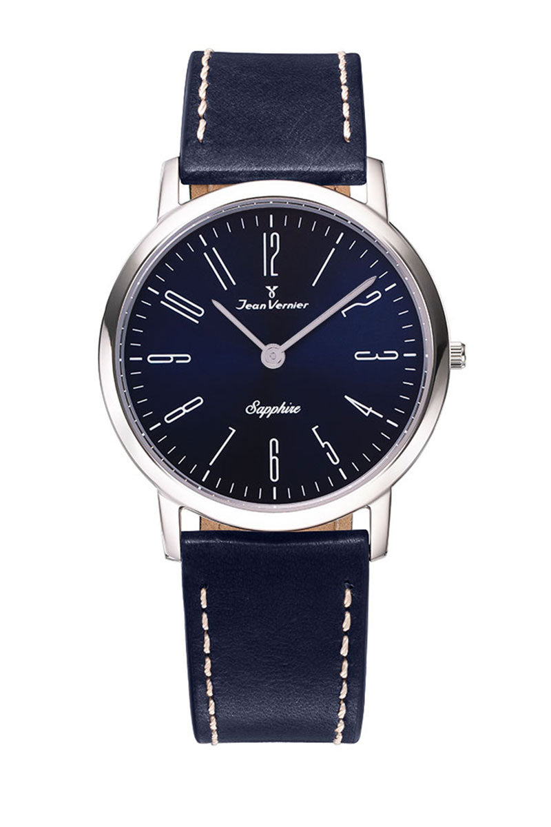 Relógio Jean Vernier Pulseira Couro Azul Social Vidro Cristal Safira JV03324A