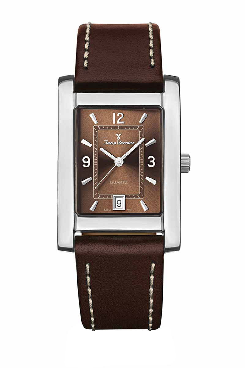 Relógio Jean Vernier Pulseira Couro Marrom Calendário Masculino JV00267M