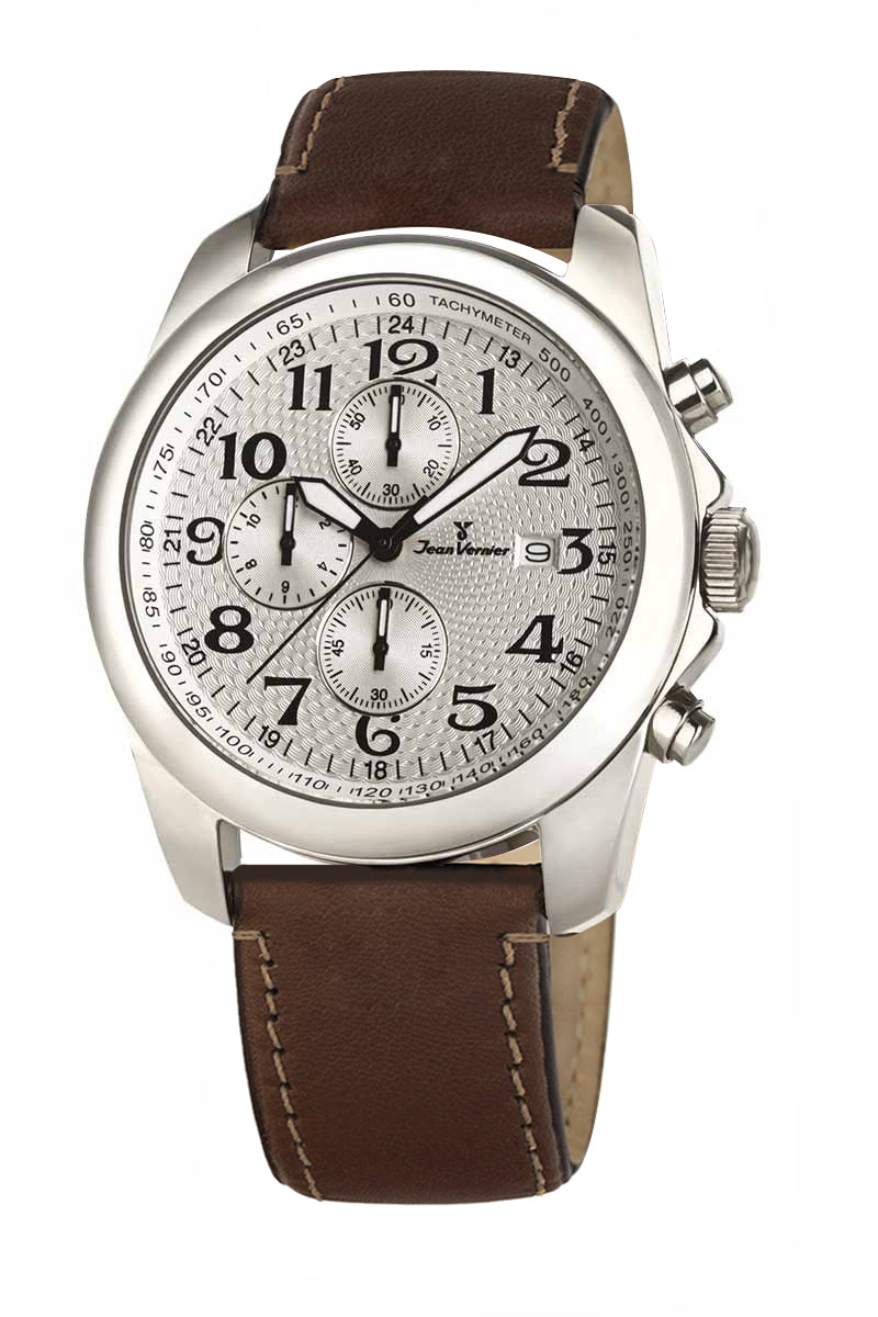 Relógio Jean Vernier Pulseira Couro Marrom Cronógrafo Casual JV00258B